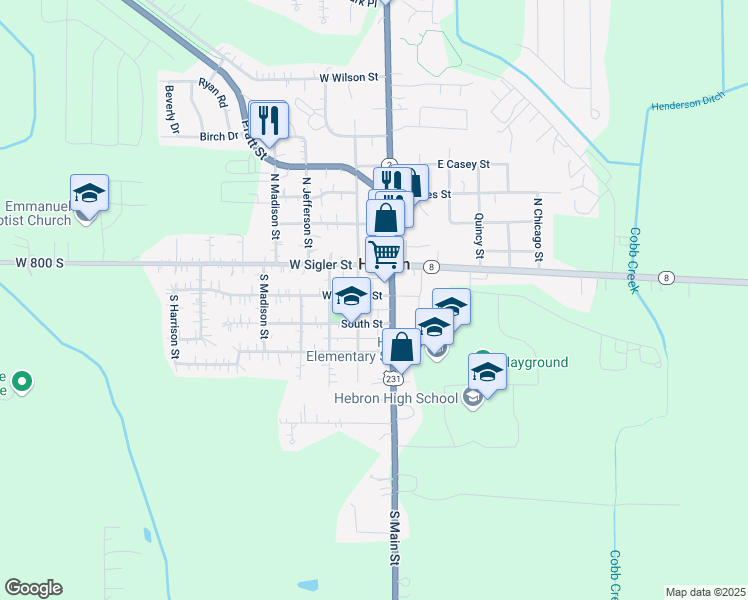 map of restaurants, bars, coffee shops, grocery stores, and more near 106 West Church Street in Hebron
