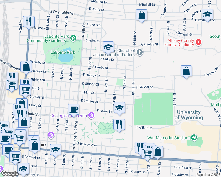 map of restaurants, bars, coffee shops, grocery stores, and more near 1208 East Gibbon Street in Laramie