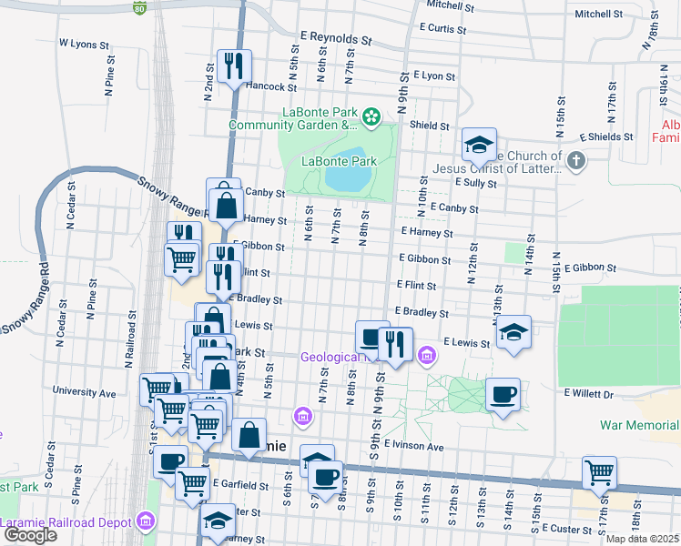 map of restaurants, bars, coffee shops, grocery stores, and more near 613 East Flint Street in Laramie