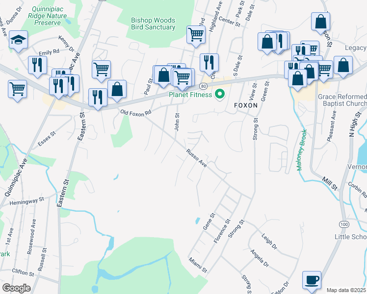 map of restaurants, bars, coffee shops, grocery stores, and more near 173 Russo Avenue in East Haven