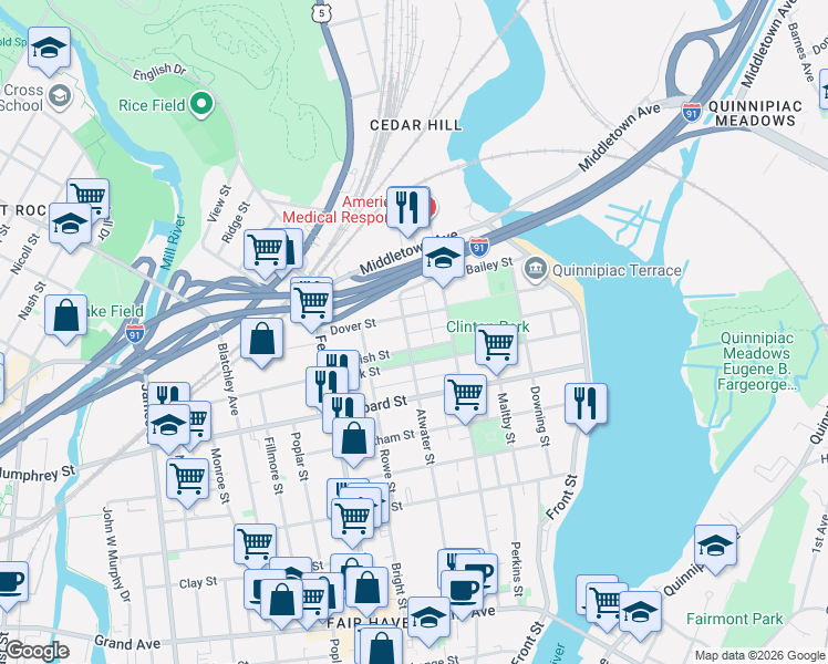 map of restaurants, bars, coffee shops, grocery stores, and more near 203 Atwater Street in New Haven