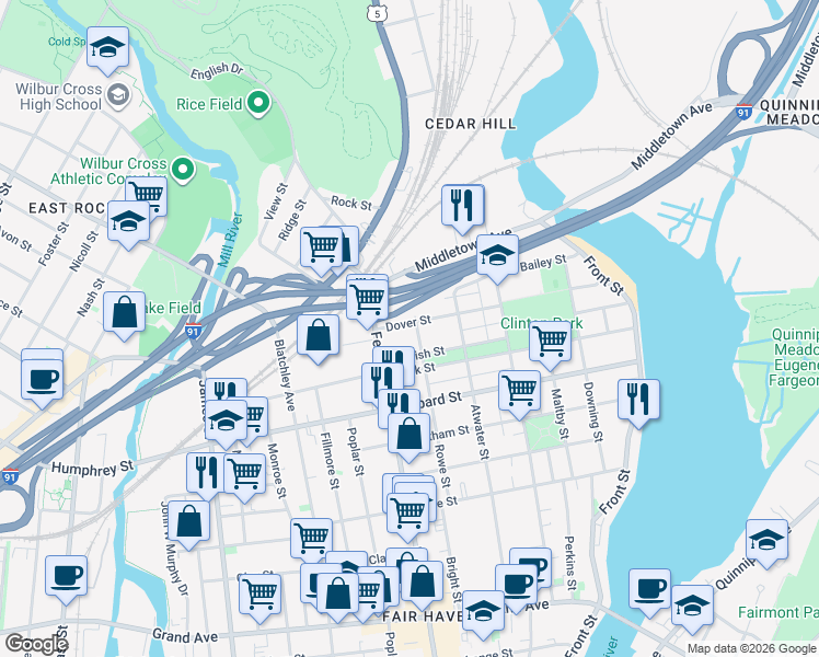 map of restaurants, bars, coffee shops, grocery stores, and more near 194 Dover Street in New Haven