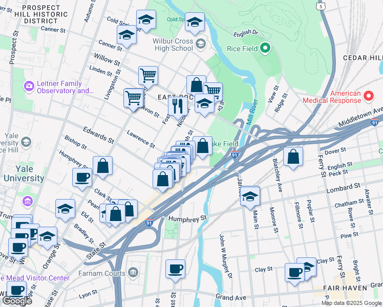 map of restaurants, bars, coffee shops, grocery stores, and more near 55 Nash Street in New Haven