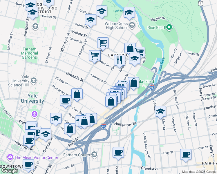 map of restaurants, bars, coffee shops, grocery stores, and more near 63 Lawrence Street in New Haven