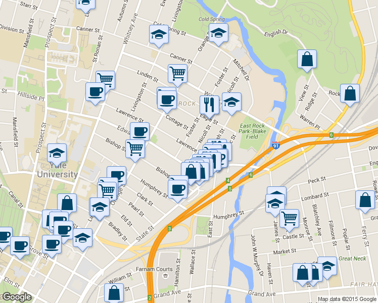 map of restaurants, bars, coffee shops, grocery stores, and more near 63 Lawrence Street in New Haven