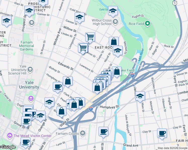 map of restaurants, bars, coffee shops, grocery stores, and more near 19 Foster Street in New Haven