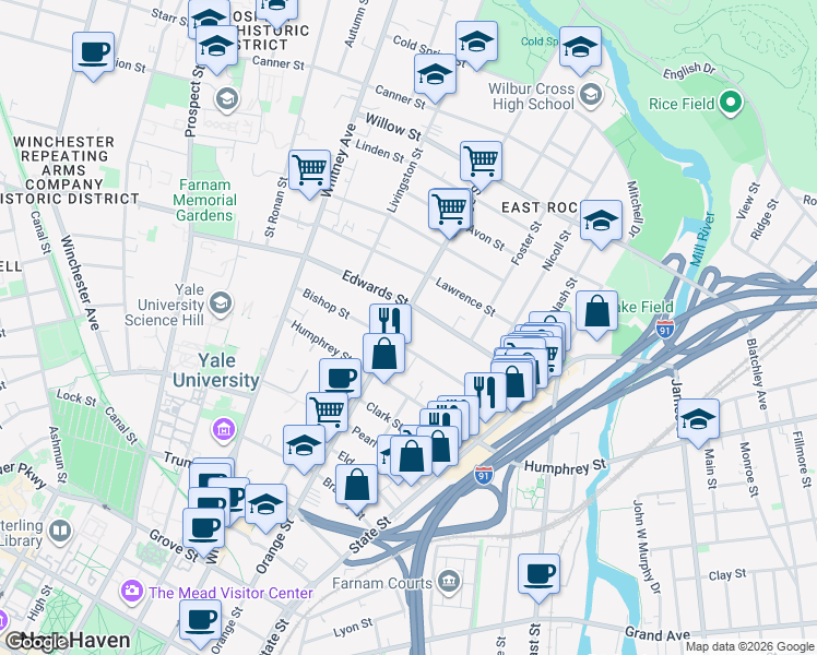 map of restaurants, bars, coffee shops, grocery stores, and more near 633 Orange Street in New Haven