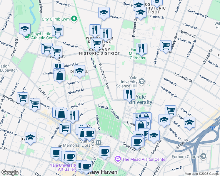map of restaurants, bars, coffee shops, grocery stores, and more near 63 Winchester Avenue in New Haven