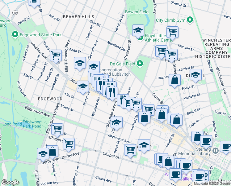 map of restaurants, bars, coffee shops, grocery stores, and more near 324 Sherman Avenue in New Haven