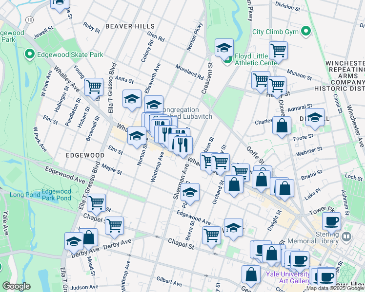 map of restaurants, bars, coffee shops, grocery stores, and more near 323 Whalley Avenue in New Haven