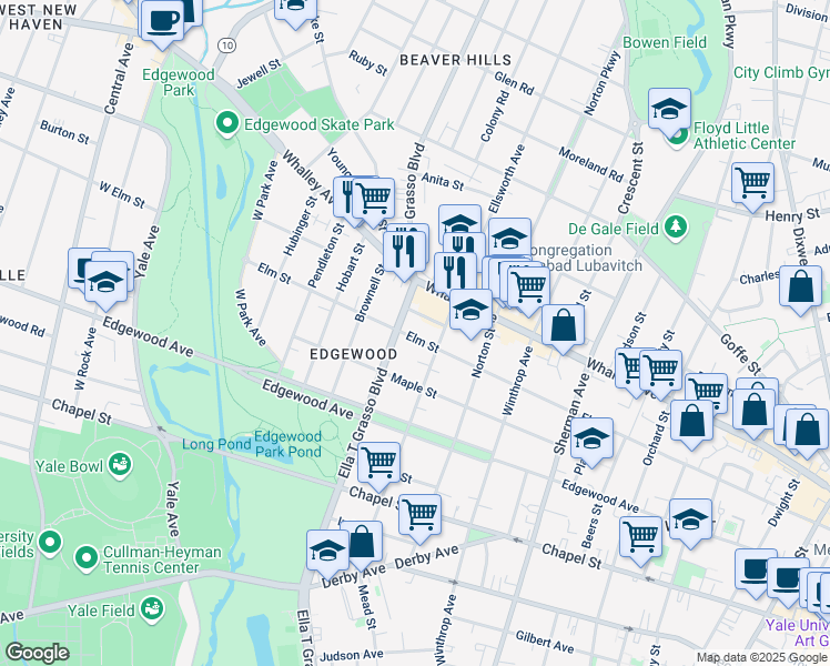 map of restaurants, bars, coffee shops, grocery stores, and more near in New Haven