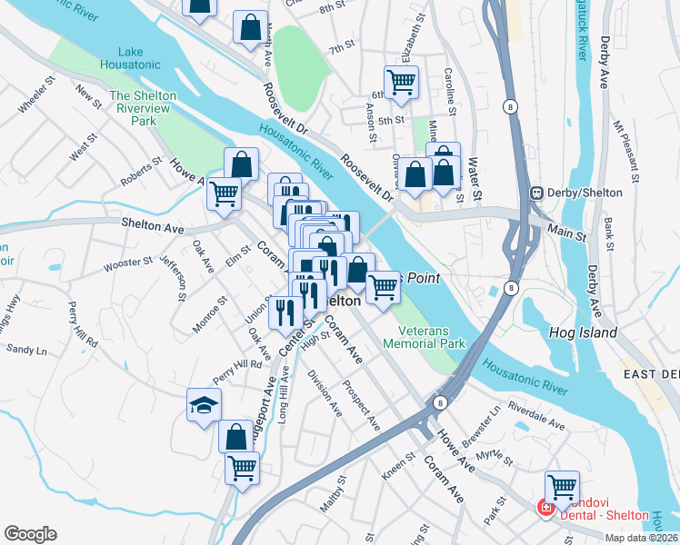 map of restaurants, bars, coffee shops, grocery stores, and more near 50 Bridge Street in Shelton