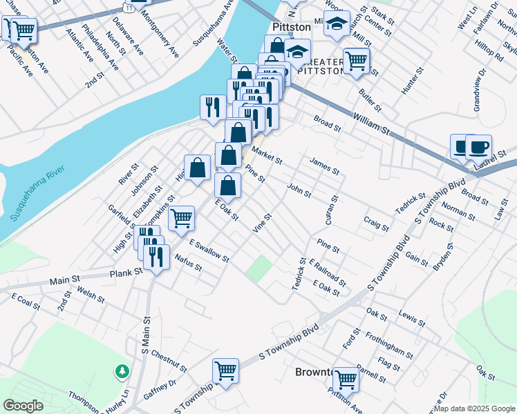 map of restaurants, bars, coffee shops, grocery stores, and more near 43-45 East Columbus Avenue in Pittston