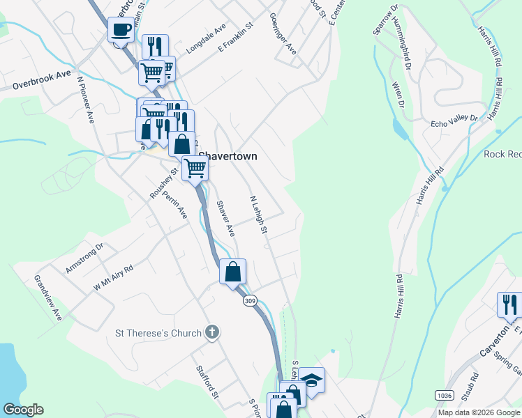 map of restaurants, bars, coffee shops, grocery stores, and more near 57 North Lehigh Street in Shavertown