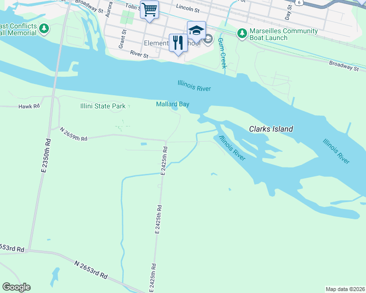 map of restaurants, bars, coffee shops, grocery stores, and more near 2430 North 2659th Road in Marseilles