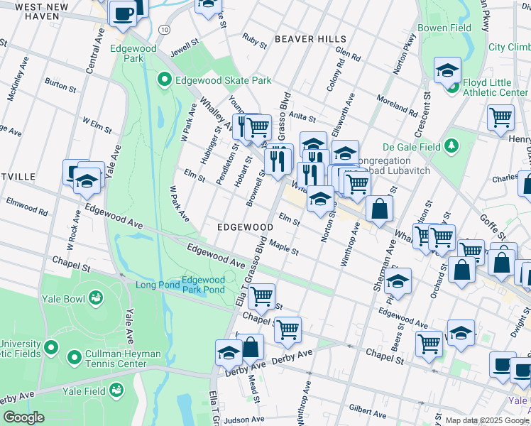 map of restaurants, bars, coffee shops, grocery stores, and more near in New Haven