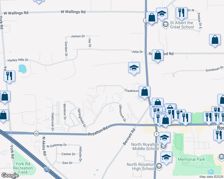 map of restaurants, bars, coffee shops, grocery stores, and more near 7437 Creekwood Court in North Royalton