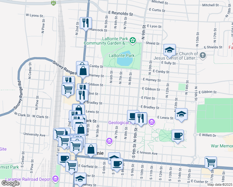 map of restaurants, bars, coffee shops, grocery stores, and more near 613 East Flint Street in Laramie