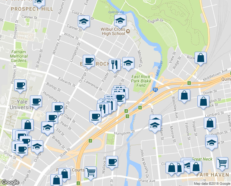 map of restaurants, bars, coffee shops, grocery stores, and more near 56 Nash Street in New Haven