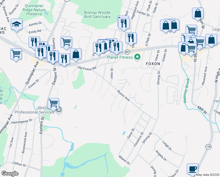 map of restaurants, bars, coffee shops, grocery stores, and more near 67 John Street in East Haven