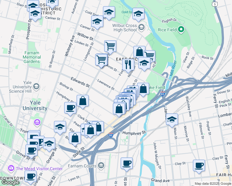 map of restaurants, bars, coffee shops, grocery stores, and more near 63 Lawrence Street in New Haven