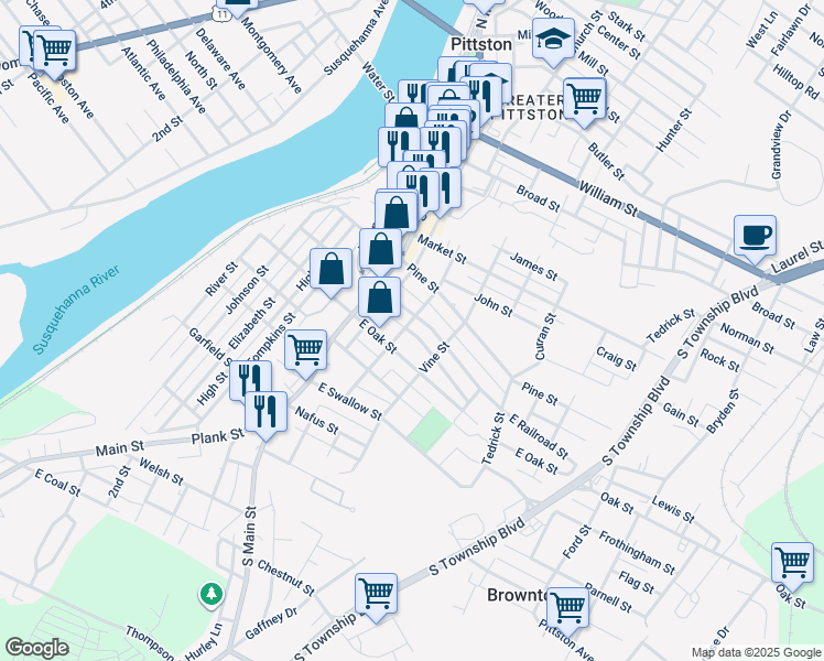 map of restaurants, bars, coffee shops, grocery stores, and more near 43-45 East Columbus Avenue in Pittston