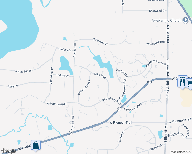map of restaurants, bars, coffee shops, grocery stores, and more near 755 Lake Trail in Aurora