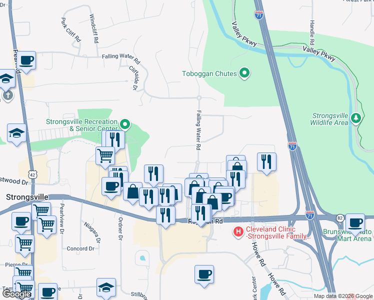 map of restaurants, bars, coffee shops, grocery stores, and more near 17377 Ridge Creek Road in Strongsville