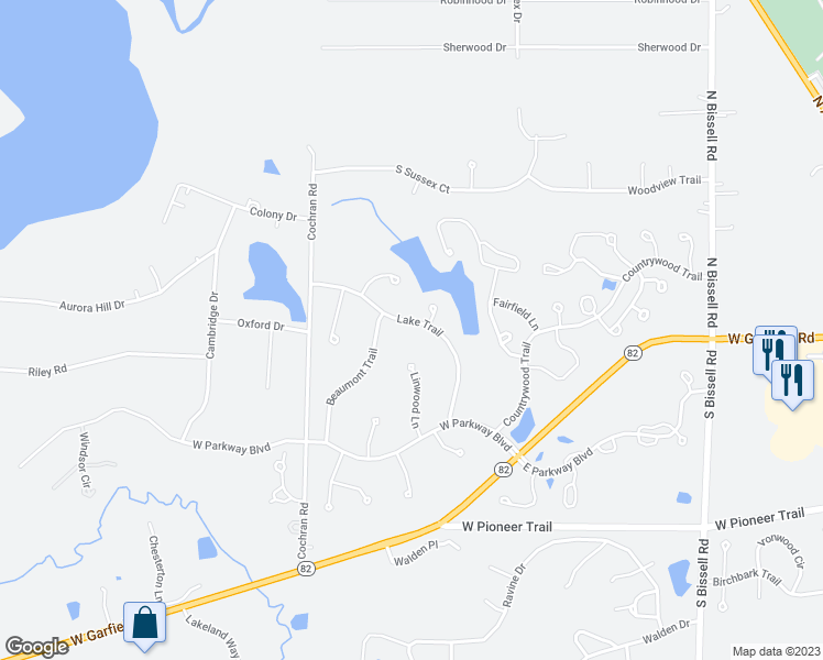 map of restaurants, bars, coffee shops, grocery stores, and more near 755 Lake Trail in Aurora