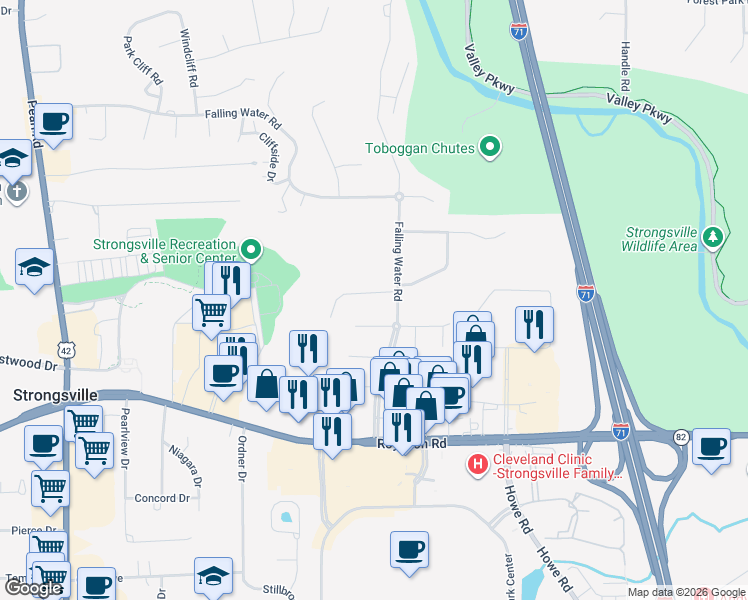 map of restaurants, bars, coffee shops, grocery stores, and more near 17377 Ridge Creek Road in Strongsville