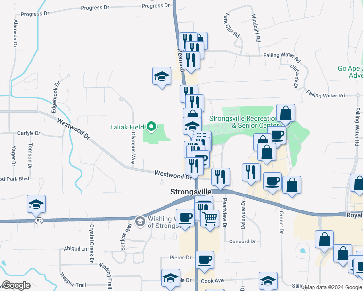 map of restaurants, bars, coffee shops, grocery stores, and more near 13200 Pearl Road in Strongsville