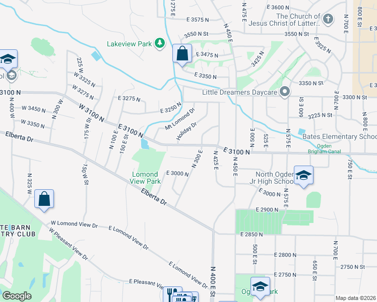 map of restaurants, bars, coffee shops, grocery stores, and more near 333 East 3100 North in Ogden