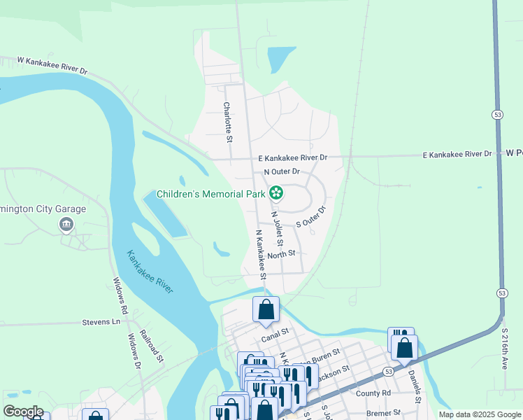 map of restaurants, bars, coffee shops, grocery stores, and more near 1107 N Kankakee St in Wilmington