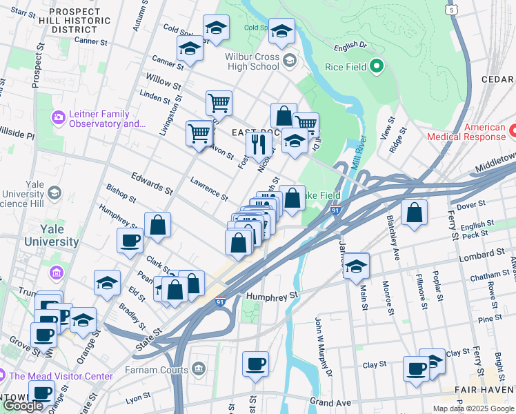 map of restaurants, bars, coffee shops, grocery stores, and more near 52 Nash Street in New Haven