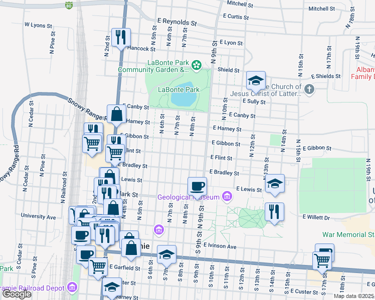 map of restaurants, bars, coffee shops, grocery stores, and more near 662 North 8th Street in Laramie