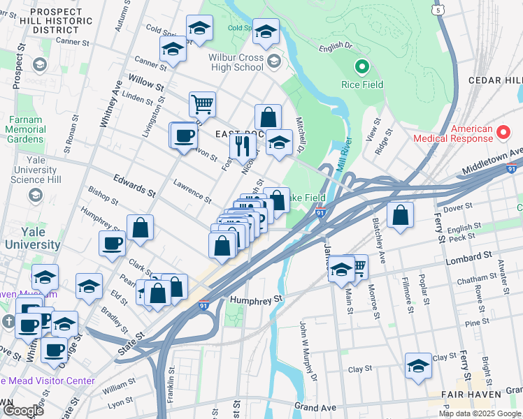 map of restaurants, bars, coffee shops, grocery stores, and more near 44 Mechanic Street in New Haven