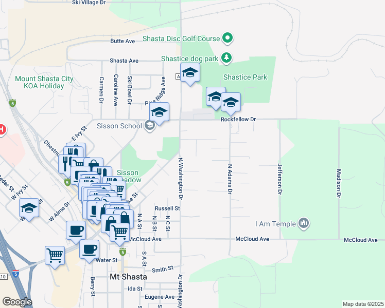 map of restaurants, bars, coffee shops, grocery stores, and more near 509 Sarah Bell Street in Mount Shasta