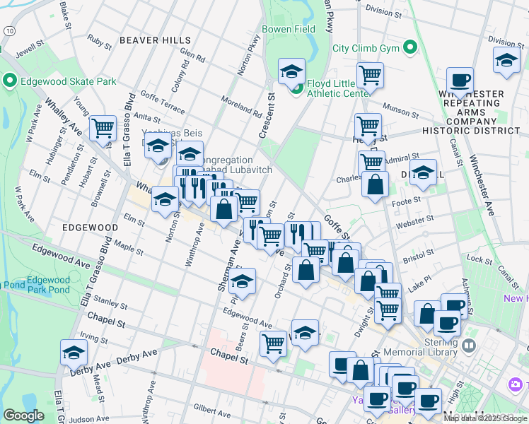 map of restaurants, bars, coffee shops, grocery stores, and more near 36 Hudson Street in New Haven