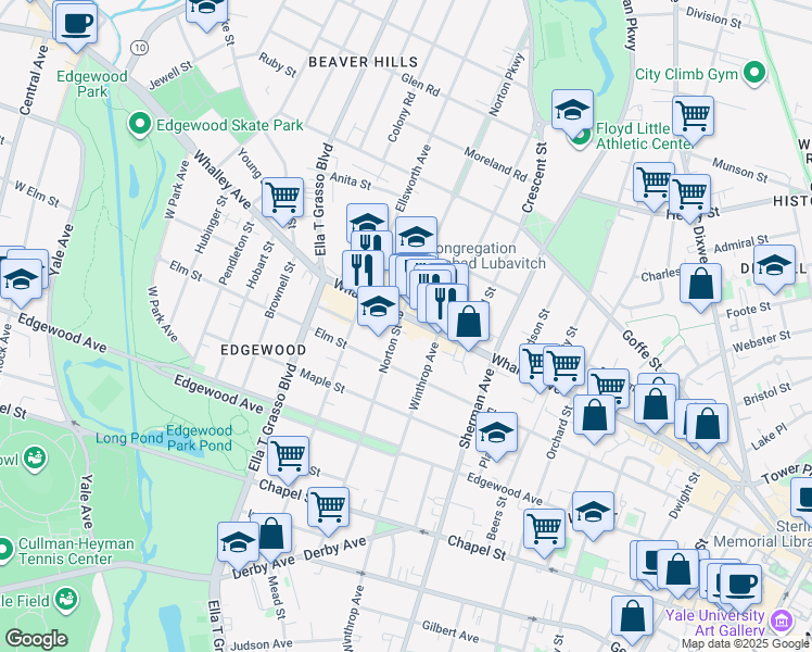 map of restaurants, bars, coffee shops, grocery stores, and more near in New Haven