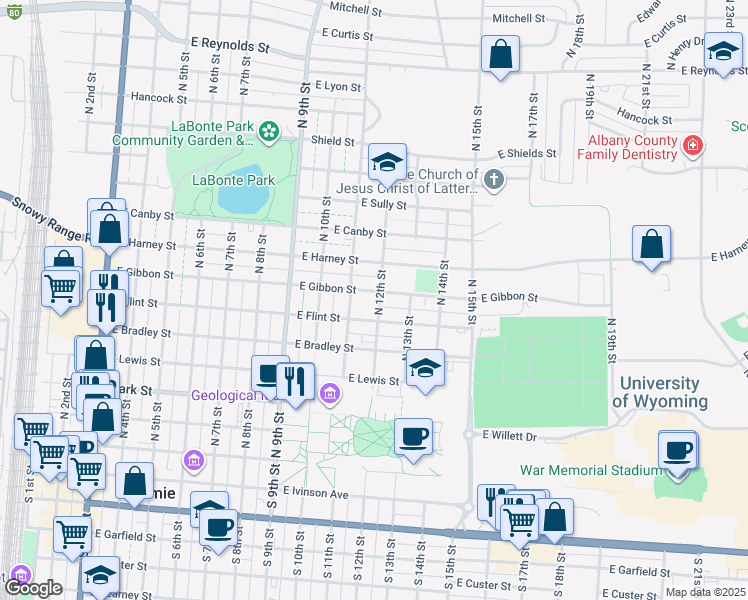 map of restaurants, bars, coffee shops, grocery stores, and more near 601-699 North 11th Street in Laramie