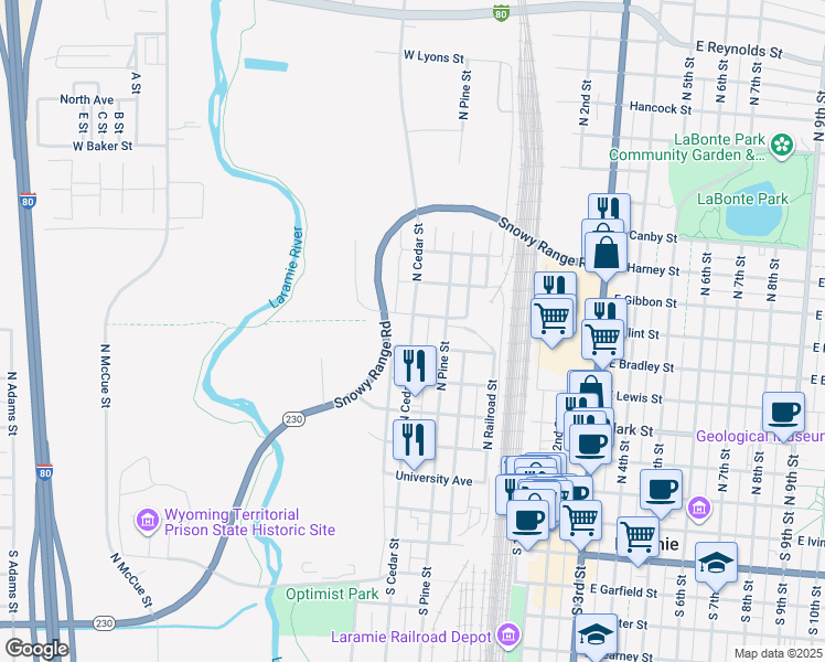 map of restaurants, bars, coffee shops, grocery stores, and more near 555 North Cedar Street in Laramie