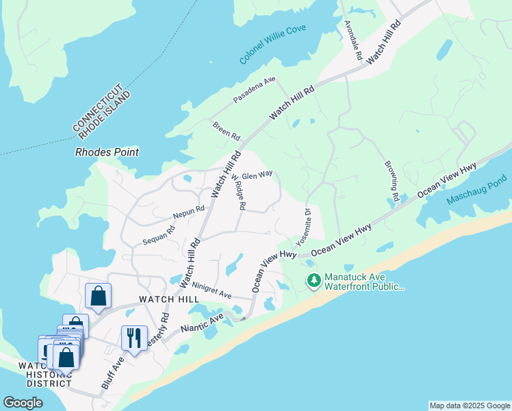 map of restaurants, bars, coffee shops, grocery stores, and more near 21 Glen Way in Westerly
