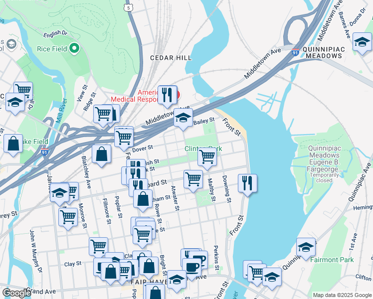 map of restaurants, bars, coffee shops, grocery stores, and more near 262 Clinton Avenue in New Haven