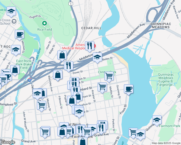 map of restaurants, bars, coffee shops, grocery stores, and more near 203 Atwater Street in New Haven