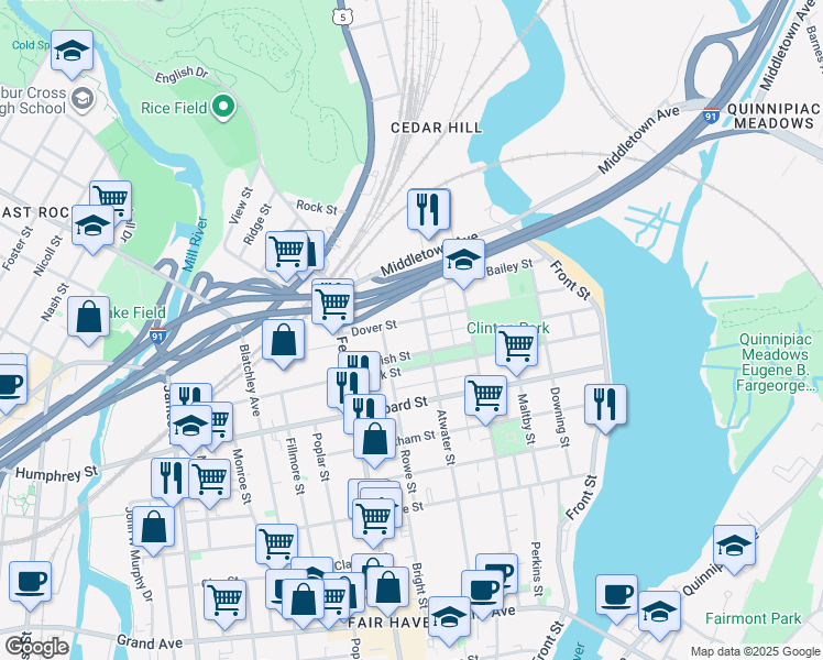 map of restaurants, bars, coffee shops, grocery stores, and more near 194 Dover Street in New Haven
