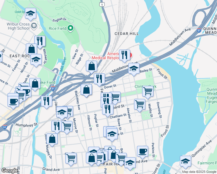 map of restaurants, bars, coffee shops, grocery stores, and more near 228 Dover Street in New Haven