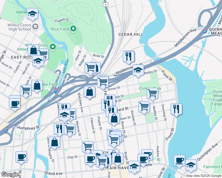 map of restaurants, bars, coffee shops, grocery stores, and more near 228 Dover Street in New Haven