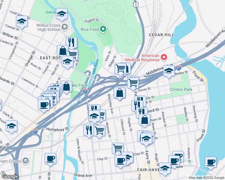 map of restaurants, bars, coffee shops, grocery stores, and more near in New Haven
