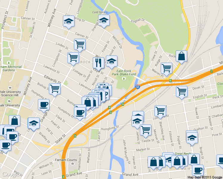 map of restaurants, bars, coffee shops, grocery stores, and more near 49 Mechanic Street in New Haven