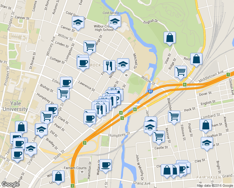 map of restaurants, bars, coffee shops, grocery stores, and more near 55 Nash Street in New Haven